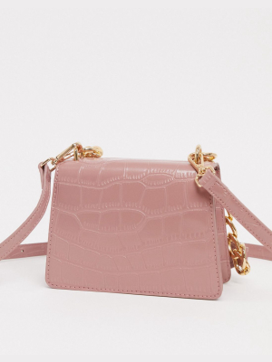 Asos Design Croc Effect Cross-body In Blush With Detachable Shoulder Strap