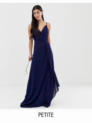 Tfnc Petite Bridesmaid Exclusive Cami Wrap Maxi Dress With Fishtail In Navy