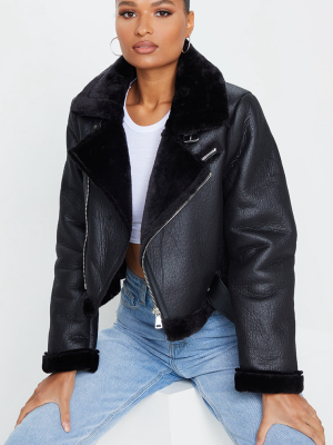 Black Pu Cropped Belted Aviator