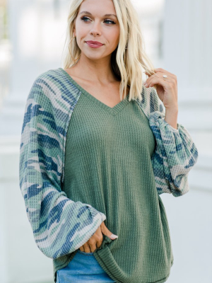 On The Move Olive Green Camo Top