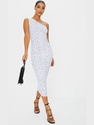 White Polka Dot One Shoulder Ruched Midi Dress