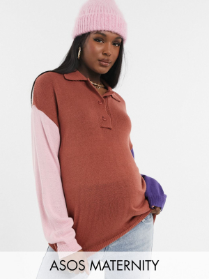 Asos Design Maternity Oversized Rugby Style Sweater With Collar In Colorblock