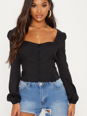 Black Square Neck Button Blouse