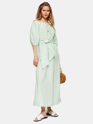 Linen Blend Belted Bardot Midi Dress