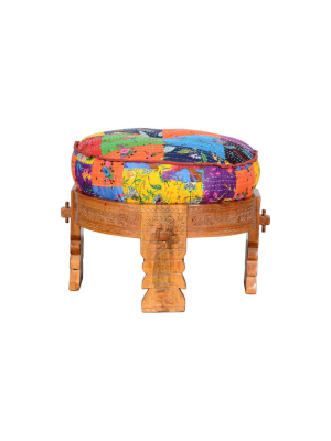 Round Mango Wood Sofa Side End Stool With Cushioned Top Brown - The Urban Port