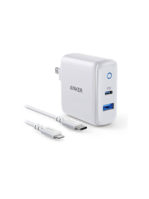 Anker 2-port Powerport 25.5w Power Delivery Wall Charger (with 3' Powerline Select Lightning To Usb-c Cable) - White