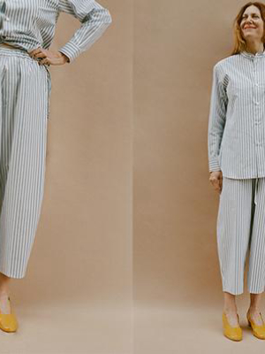 Japanese Striped Cotton Pyjama Pants, White & Blue Stripes