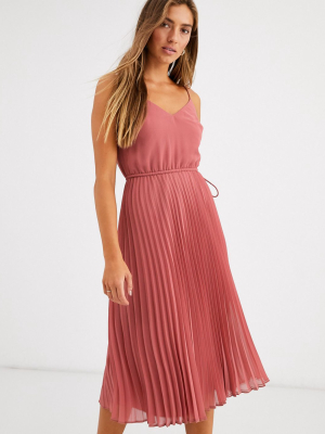 Asos Design Pleated Cami Midi Dress With Drawstring Waist In Dark Pink