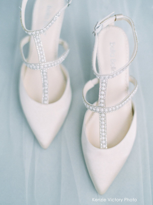 Crystals & Pearl T-strap Champagne Wedding Shoes Low Heel Kitten Pumps