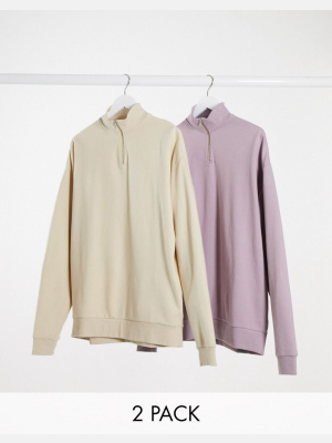 Asos Design Oversized Half Zip Sweatshirt 2 Pack In Beige/dusty Purple