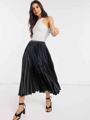 Asos Design Satin Pleated Midi Skirt In Black