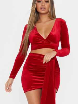 Red Ruched Velvet Mini Skirt