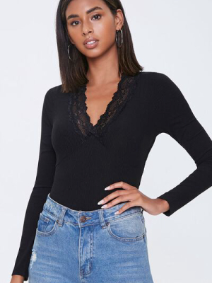 Lace-trim Ribbed Bodysuit