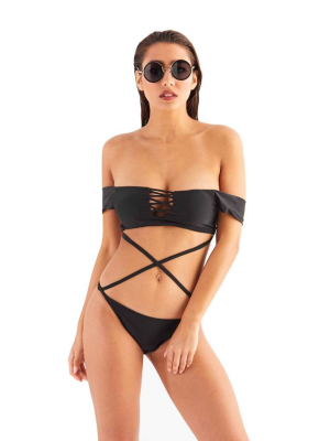 Bardot Cross Over Bikini In Black