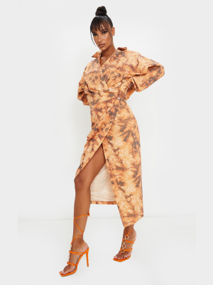 Brown Tie Dye Midi Shirt Dress