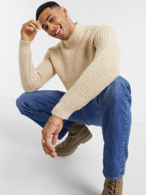 Only & Sons High Neck Chunky Sweater In Sand