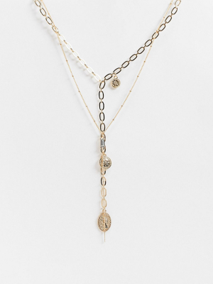 Asos Design Multirow Lariat Necklace With Coin Pendants And Dot Dash Chain In Gold Tone