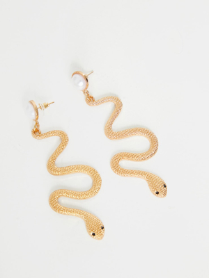 Gold With Pearl Snake Statement Earrings