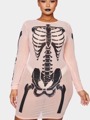 Plus Nude Skeleton Print Sheer Mesh Bodycon Dress