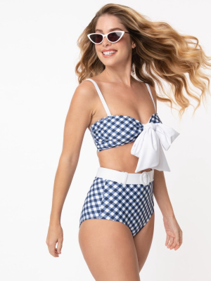 Unique Vintage Navy & White Gingham Belted Retro Redondo Swim Bottoms