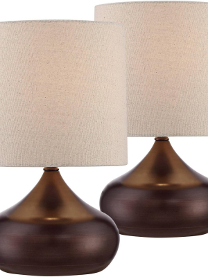 360 Lighting Mid Century Modern Accent Table Lamps 14 3/4" High Set Of 2 Brown Steel Droplet Linen Drum Shade For Bedroom Bedside