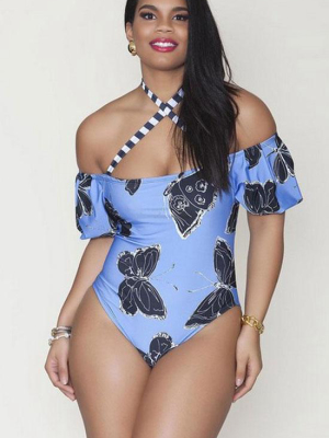 Plus Size Butterfly Print Off Shoulder One Piece Swimsuit