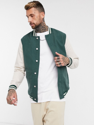 Asos Design Denim Varsity Jacket In Green