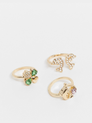 Asos Design Pack Of 3 Dolphin And Clover Rings In Gold Tone