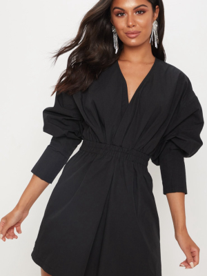 Black Plunge Ruched Shirt Dress