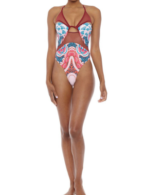 Ivy Underwire Cut Out One Piece Swimsuit - Pink & Blue Abstract Print