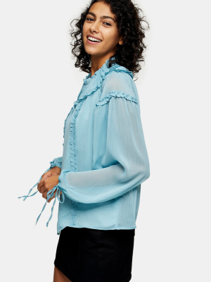 Blue Ruffle Yoke Neck Blouse