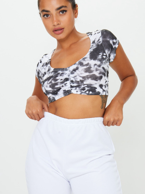 Petite Black Tie Dye Ruched Front Jersey Crop Top