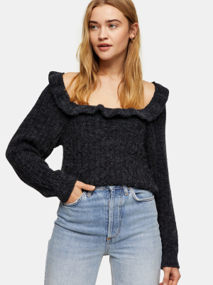 Charcoal Gray Tie Back Ruffle Cable Knitted Sweater