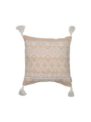Tan And White Tribal Pattern 20 X 20 Inch Decorative Cotton Throw Pillow Cover With Insert And Hand Tied Tassels - Foreside Home & Garden