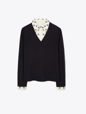 Embroidered Dickie V-neck Sweater