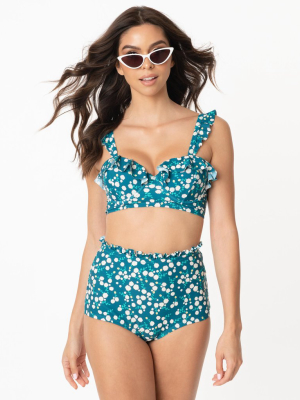 Unique Vintage Teal & White Floral Print Southampton Swim Top