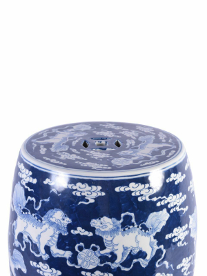 Blue Porcelain Garden Stool, White Lion Motif