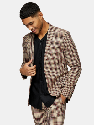 Brown Gingham Check Skinny Fit Single Breasted Suit Blazer With Notch Lapels