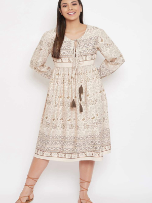 Drawstring Beige Polyester Dress - Plus