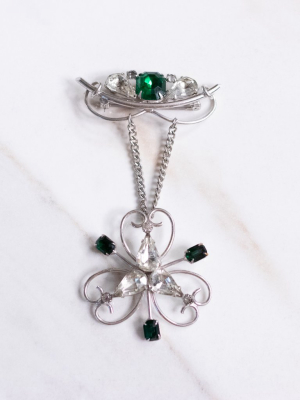 Vintage Art Deco Emerald Green And Diamante Crystal Charm Brooch