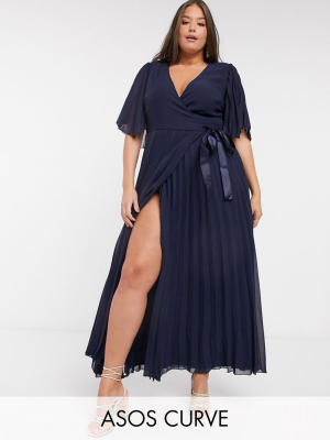 Asos Design Curve Exclusive Maxi Dress With Kimono Sleeve And Tie Waist In Pleat