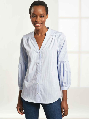 Ella V-neck Cotton Gathered Blouson Sleeve Shirt - Light Blue/white Stripe