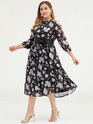 Plus Size - Cold Shoulder Floral Chiffon Maxi Dress