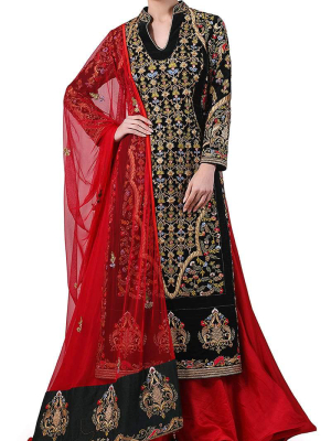 Velvet Embroidered Kurta & Lehenga Set