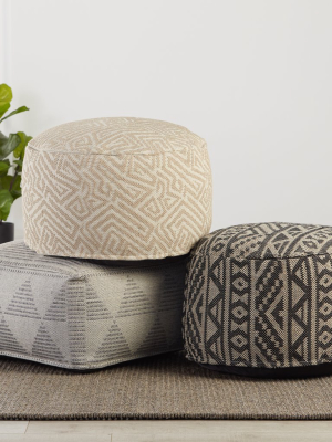 Renon Indoor/outdoor Tribal Pouf In Black & Light Taupe