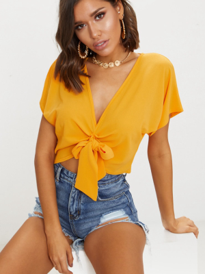 Orange Chiffon Knot Front Short Sleeve Crop Blouse