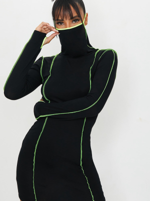 Black Contrast Binding Long Sleeve Mask Bodycon...