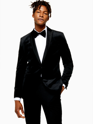 Black Skinny Fit Single Breasted Velvet Blazer With Peak Lapels