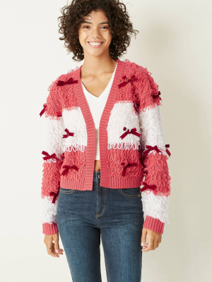 Women's Striped Holiday Red & White Bow Cardigan Sweater - Red