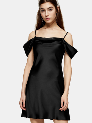 Black Satin Cold Shoulder Mini Dress